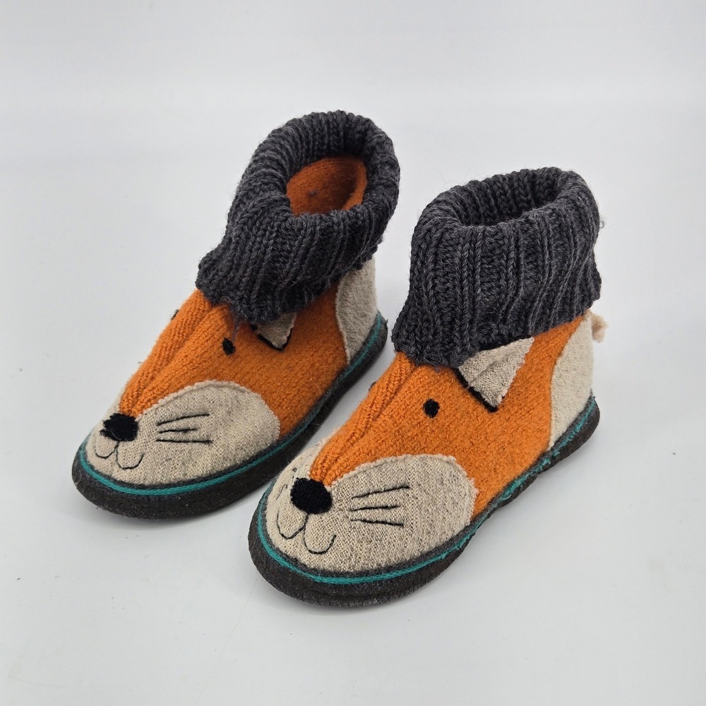 Garnet Hill Kids Boiled Wool Fox Slipper Boots Orange Gray Sock Cuff Size 9C GUC